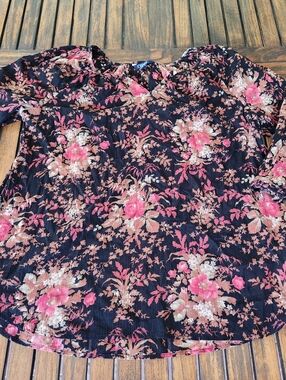 Women's Chaps Black Floral V-Neck Blouse Casual Top 3/4 Length Size Large